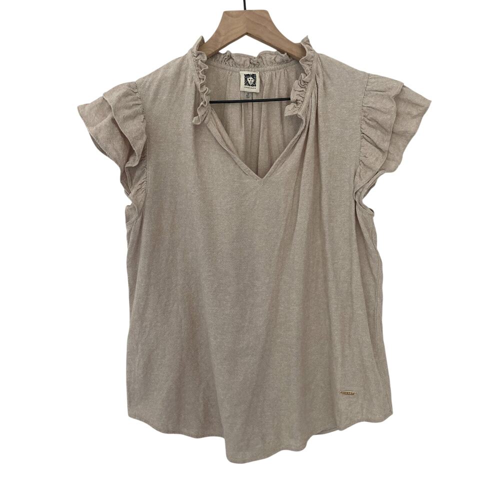 Anne Klein Linen Blend Romantic Coquette Boho Chic Ruffle Cap Sleeve Blouse Top